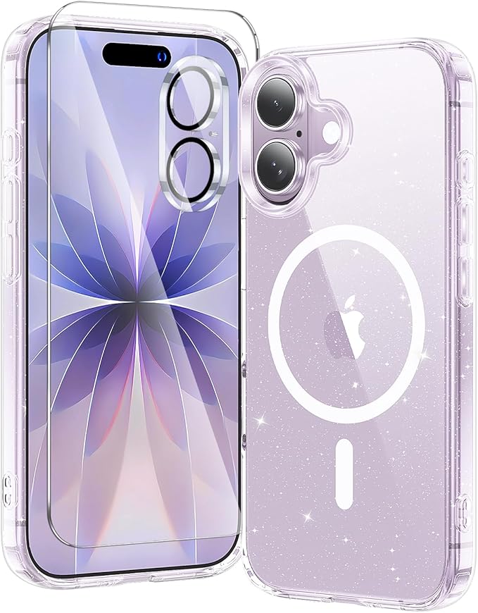 3 in 1 for iPhone 17 Case Clear Glitter,Fits MagSafe, Not Yellowing, Screen Protector*1 Camera Lens Protector*1, Military-Grade Protection for Phone Cover 6.3 inch