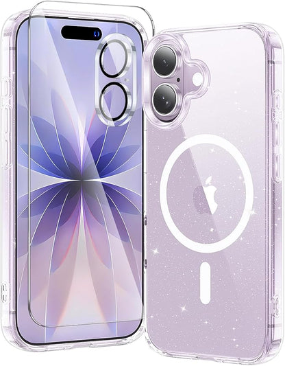 3 in 1 for iPhone 17 Case Clear Glitter,Fits MagSafe, Not Yellowing, Screen Protector*1 Camera Lens Protector*1, Military-Grade Protection for Phone Cover 6.3 inch
