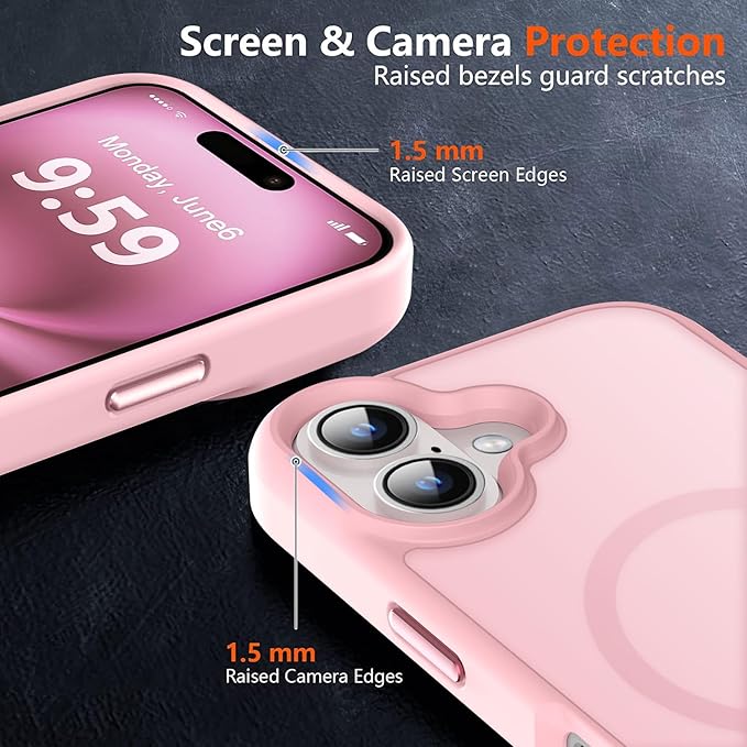 MOCCA Strong Magnetic for iPhone 16 Case, [Compatible with Magsafe][16FT Mil-Grade Drop Protection] Slim Thin Translucent Matte Protective Cover Case for iPhone 16 Phone Case 6.1", Pink