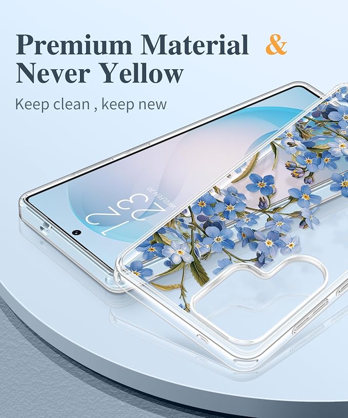 GVIEWIN for Samsung Galaxy S26 Ultra Case, Clear Floral Slim Shockproof Protective Women Phone Case, Non-Yellowing, with Screen Protector & Camera Lens Protector for S26 Ultra 6.9", Aconite/Blue