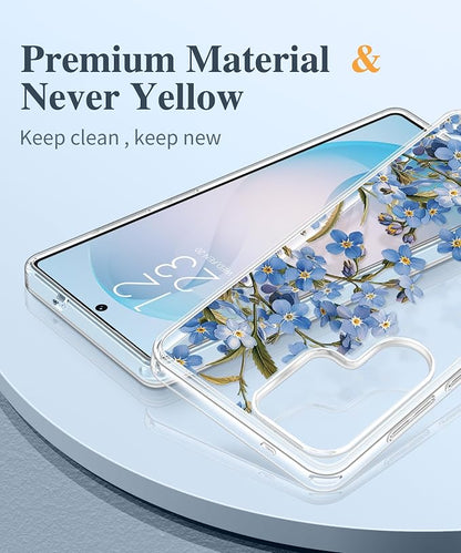 GVIEWIN for Samsung Galaxy S26 Ultra Case, Clear Floral Slim Shockproof Protective Women Phone Case, Non-Yellowing, with Screen Protector & Camera Lens Protector for S26 Ultra 6.9", Aconite/Blue