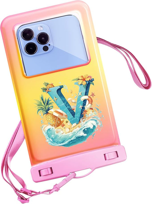Personalized Initial Waterproof Phone Pouch Case - IPX8 Cellphone Dry Bag with Lanyard for iPhone 16/15/14/13/12 Pro Max (6.1–6.9"), Beach & Cruise Ship Essentials with Monogrammed Design (Pink, V)