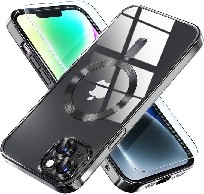 Misea Magnetic for iPhone 14 Case Compatible with MagSafe [Never Yellowing] [Military Grade Drop Protection] Full Camera Lens Protector Plating Soft Clear Phone Case for Women Girls, Black