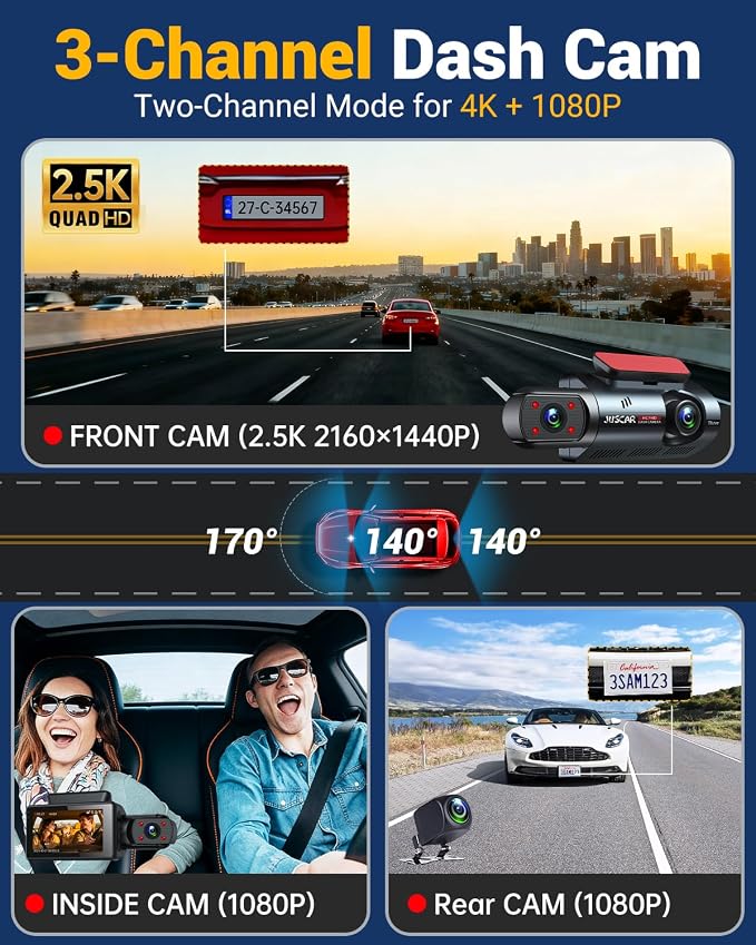 3 Channel Dash Cam with WiFi & GPS, Front and Rear/Inside, Voice Control 4K/2.5K+1080P+1080P Triple Dash Camera for Cars, 3" IPS Touch Screen, Free 32GB Card