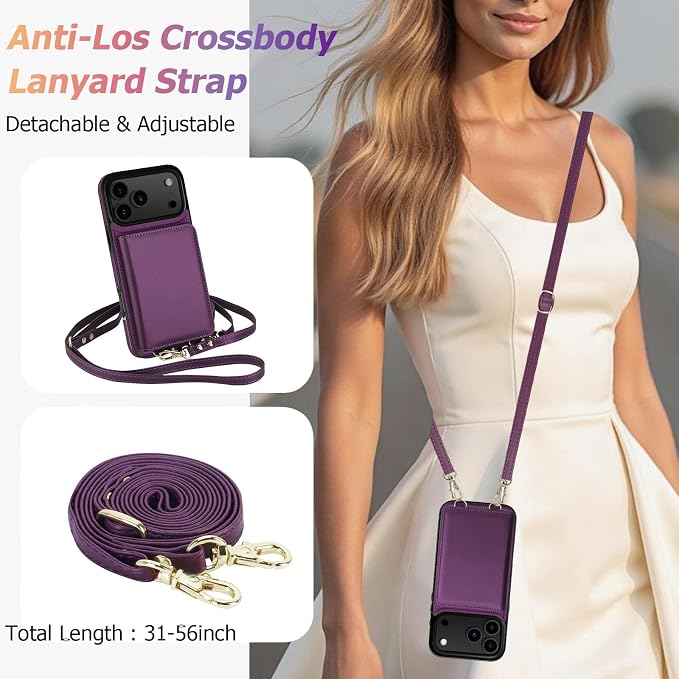 LOHASIC for iPhone 17 Pro Max Case Wallet with Detachable Crossbody Strap & Wrist Lanyard, RFID Blocking, 4 Card Slots 2 Cash Pockets, Vegan Leather Case with Card Holder for Women Girls, Purple