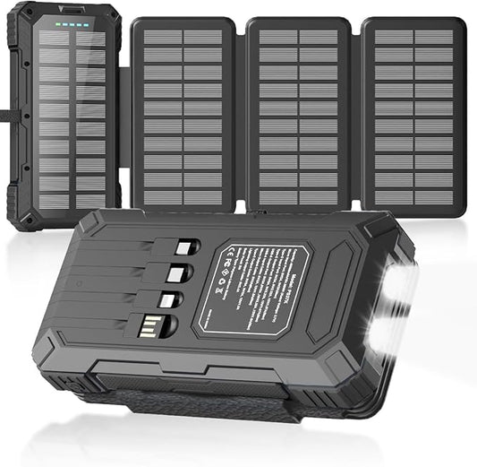 Solar Charger Power Bank 49800mAh with 4 Built-in Cables & 4 Foldable Panels, PD22.5W Fast Portable Phone Charger, External Battery Pack with USB-C in/Output & Flashlight for Outdoor Camping