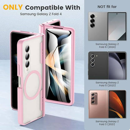 Caka Magnetic for Samsung Galaxy Z Fold 4 Case with Hinge Protection Pink | Compatible with MagSafe, Built-in Outer Screen Protector, Hinge Guard, Translucent Matte Back, 360° Hybrid Drop Defense