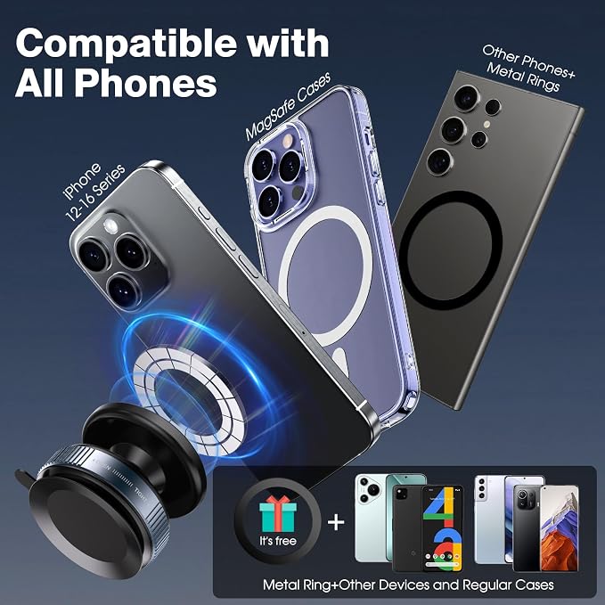 360° Rotatable Vacuum Magnetic Phone Holder, Adjustable Hands-Free Suction Cup Car Phone Mount for Car/Gym/Mirror/Smooth Surface, Compatible with iPhone Android and All Smartphones