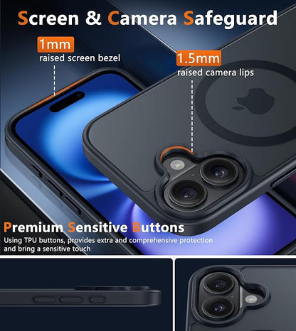 FNTCASE for iPhone 16 Plus Phone Case: Magnetic Translucent Matte Shockproof Slim Cell Phone Cover - Military Grade Drop Proof Hard Back Anti-Fingerprint Protective Case - Black-T