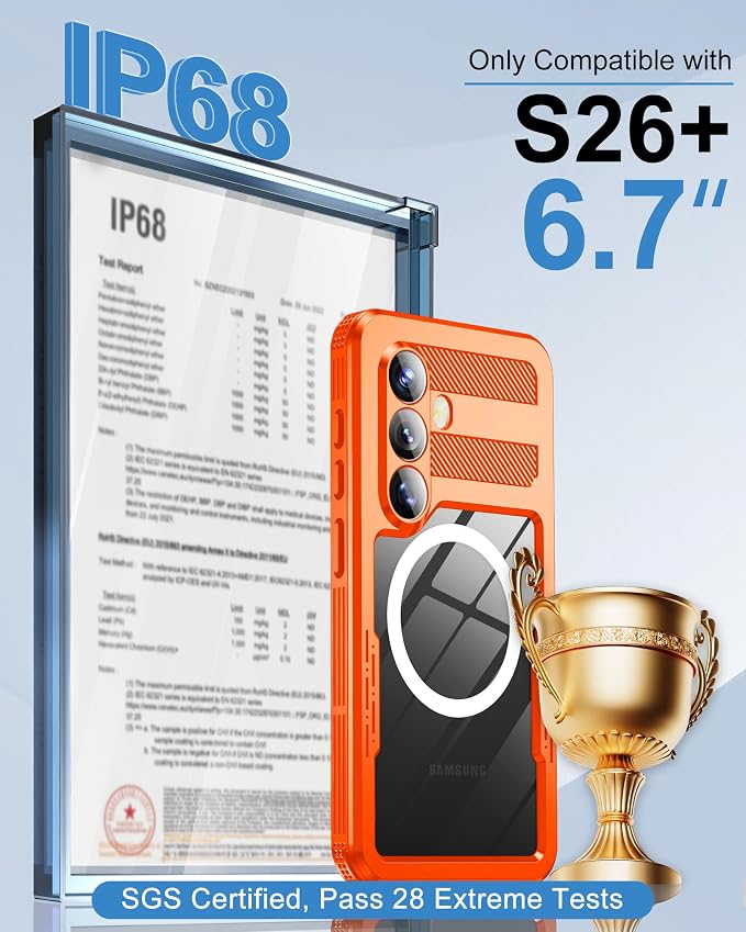 for Samsung Galaxy S26+ Plus Waterproof Case, [Fit for Magsafe] [IP68 Water Proof] [Built-in Screen Protector], Magnetic Heavy Duty Military Grade Rugged Phone Case for S 26+ Plus 6.7", Orange