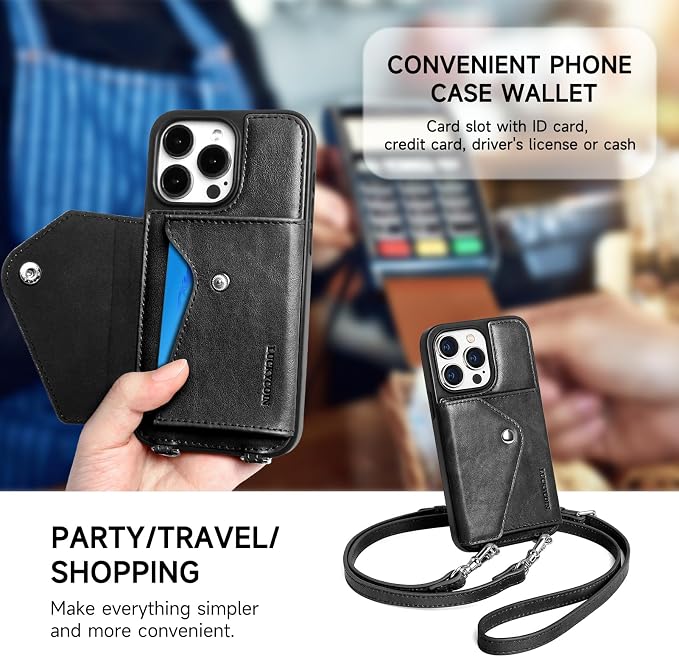 LUCKYCOIN for iPhone 15 Pro Crossbody Wallet Case – Genuine Leather Phone Purse with Adjustable Strap and Card Holder,Lanyard Phone Purse Case for Women,Vintage Black