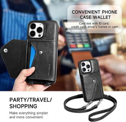 LUCKYCOIN for iPhone 15 Pro Crossbody Wallet Case – Genuine Leather Phone Purse with Adjustable Strap and Card Holder,Lanyard Phone Purse Case for Women,Vintage Black