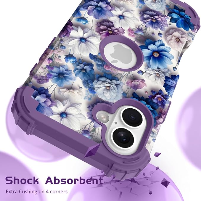 Hocase for iPhone 17 Case 6.3", Heavy Duty Shockproof Protection Soft Silicone Rubber+Hard Plastic Bumpers Hybrid Protective Case for iPhone 17 2025 - Blue Purple Flowers