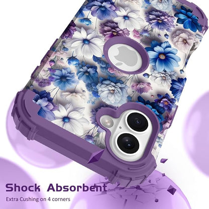 Hocase for iPhone 17 Case 6.3", Heavy Duty Shockproof Protection Soft Silicone Rubber+Hard Plastic Bumpers Hybrid Protective Case for iPhone 17 2025 - Blue Purple Flowers