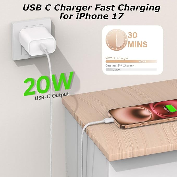 3 Pack iPhone 17 USB C Charger Fast Charging,20W Type C Port Wall Charger Power Brick with USB C to C Braided Cable Compatible with iPhone 17/17 Pro/17 Air/17 Pro Max/16/16 Pro/16 Plus/16 Pro Max/15