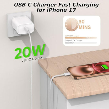 3 Pack iPhone 17 USB C Charger Fast Charging,20W Type C Port Wall Charger Power Brick with USB C to C Braided Cable Compatible with iPhone 17/17 Pro/17 Air/17 Pro Max/16/16 Pro/16 Plus/16 Pro Max/15