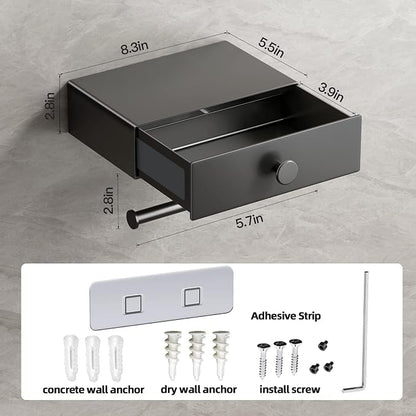 VOLDRA Toilet Paper Holder with Shelf Gray Wipes Dispenser for Bathroom Toilet Paper Holder with Storage Upgrade Drawer Design Toilet Tissue Holder Adhesive Small Bathroom Shelf Wall Mount