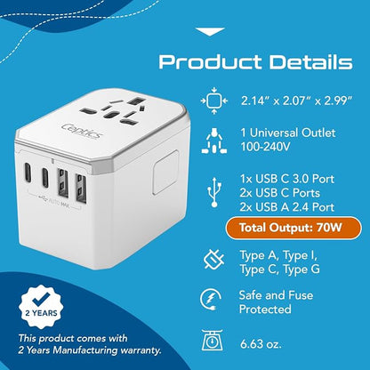 Ceptics 6 in 1 Universal Travel Adapter with PD 70W USB-C and 2X USB-A and 2X USB-C 3A, Universal Charger with QC 3.0 for US/EU/UK/AU, Universal Power Adapter with Type I C G A Outlets | 6 in 1 International Power Adapter for USA, EU, UK, AU & more, Ty...