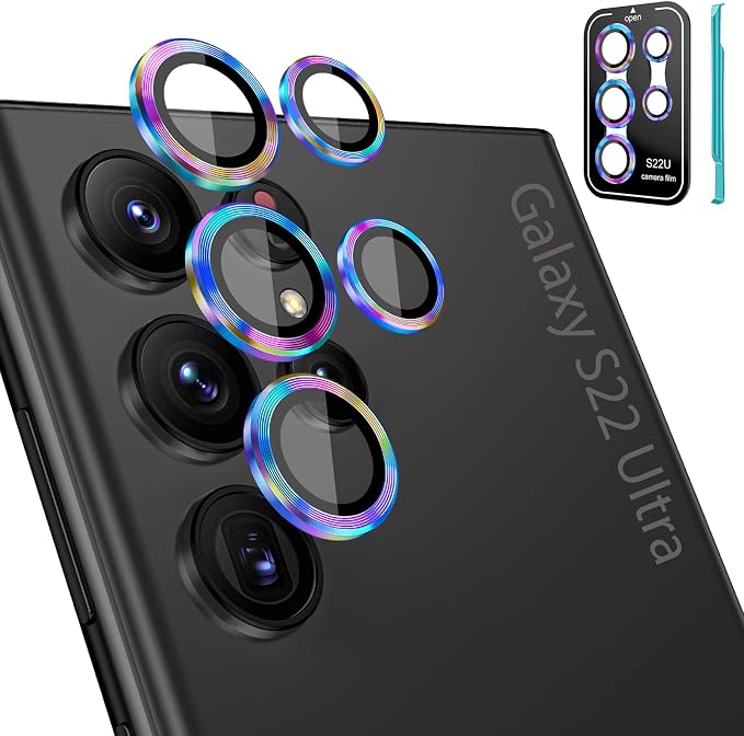 Tensea [3+2PCS for Samsung Galaxy S22 Ultra Camera Lens Protector, 9H Tempered Glass Camera Cover Screen Protector Metal Individual Ring, S22 Ultra 5G 2022 [Installation Tray][Removal tool]- Colorful