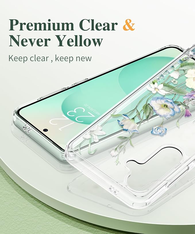GVIEWIN for Samsung Galaxy S25 Plus Case, Clear Floral Slim Shockproof Protective Women Phone Case, Non-Yellowing, with Screen Protector & Camera Lens Protector for S25 Plus 6.7", Aquilegia/White