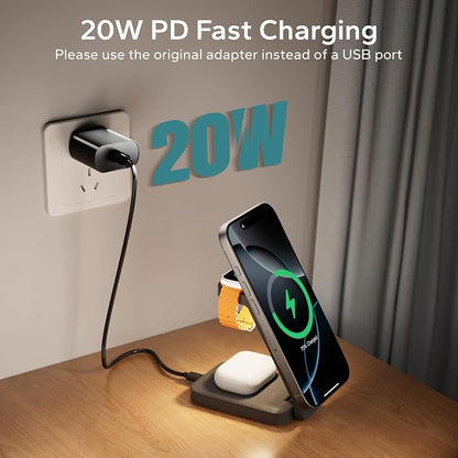 3 in 1 Foldable Wireless Charging Station for MagSafe, Nightstand Magnetic Charger Stand for iPhone 17 16 15 14 Pro Max, Travel Charging Dock with Night Light for Apple Watch/AirPods (Gray)