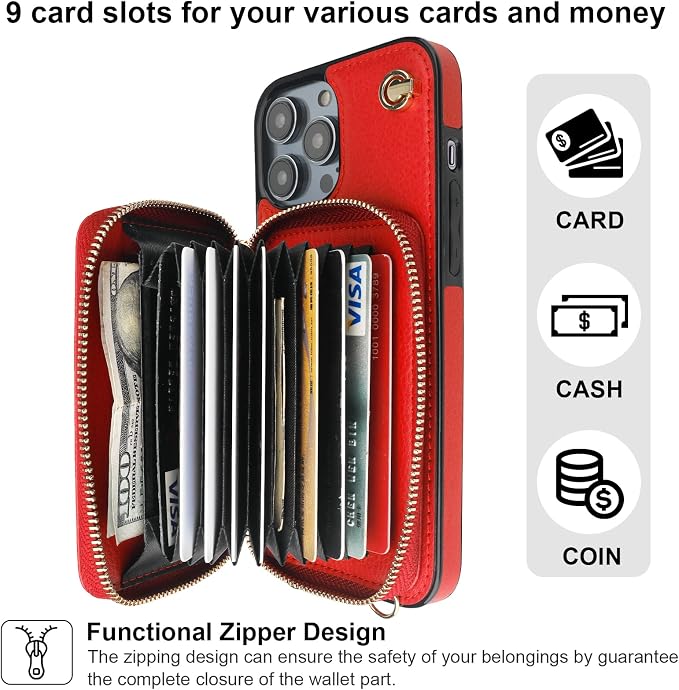 Bocasal Crossbody Wallet Case for iPhone 14 Pro Max, RFID Blocking Leather Purse Case with Card Holder, Protective Handbag Flip Cover with Zipper Wrist Strap Lanyard for Women 5G 6.7 Inch (Red)