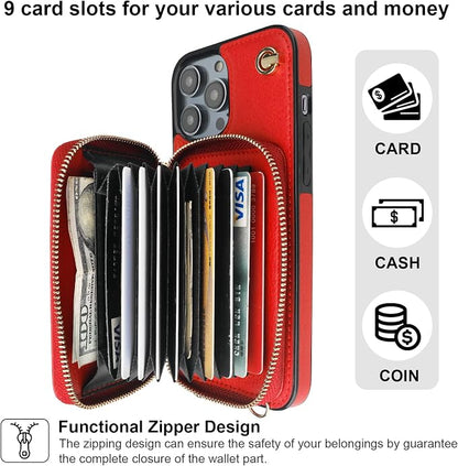 Bocasal Crossbody Wallet Case for iPhone 14 Pro Max, RFID Blocking Leather Purse Case with Card Holder, Protective Handbag Flip Cover with Zipper Wrist Strap Lanyard for Women 5G 6.7 Inch (Red)