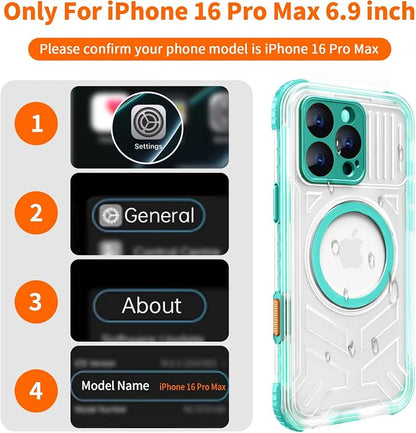 for iPhone 16 Pro Max Waterproof Case Compatible with MagSafe, IP68 Underwater Case Built-in Screen Protector, Slim Translucent 360° Full Body Protection, 12FT Military Grade, 6.9 Inch (Cyan)