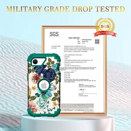 Hocase for iPhone 17e/iPhone 16e Case, Heavy Duty Shockproof Protection Hard Plastic+Silicone Rubber Hybrid Protective Phone Case for iPhone 17e/16e 6.1" - Teal Flowers