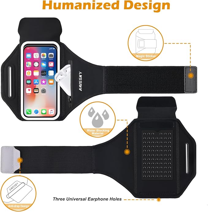 Phone Armband for Running 3D Design Cell Phone Armband with Zipper Pocket for Earbuds Car Keys, Water Resistant Sport Arm Band for iPhone 14 13 12 11 Pro Galaxy S20 S30 Fit Up to 6.9'' with Phone Case
