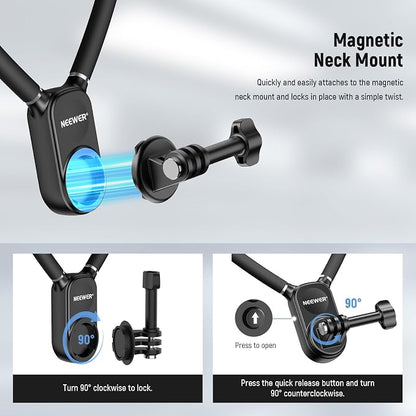 NEEWER Magnetic Neck Mount with Pocket 3 Cage, Flexible Quick Release Action Camera Neck Holder Compatible with Hero 13 12 11 Max DJI Action 5 Pro Insta360 Osmo Pocket 3 Accessory for POV, GP39