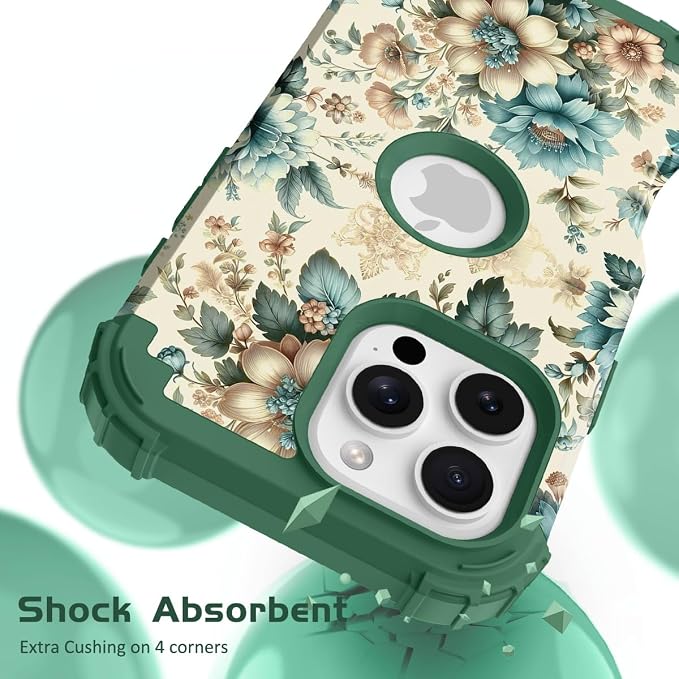 Hocase for iPhone 16 Pro Max Case, Heavy Duty Shockproof Protection Soft Silicone Rubber+Hard Plastic Bumpers Hybrid Protective Case for iPhone 16 Pro Max 2024 - Teal Blue Flowers