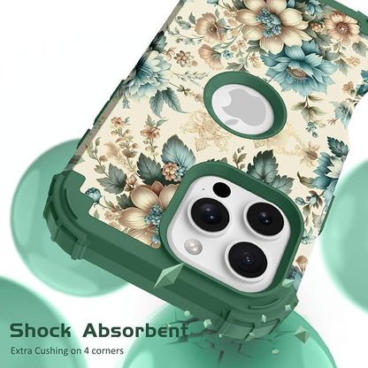 Hocase for iPhone 16 Pro Max Case, Heavy Duty Shockproof Protection Soft Silicone Rubber+Hard Plastic Bumpers Hybrid Protective Case for iPhone 16 Pro Max 2024 - Teal Blue Flowers