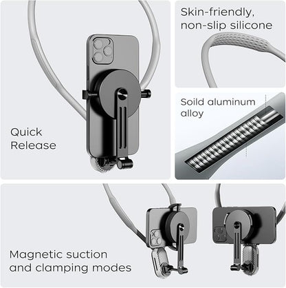 FUNSNAP Magnetic Neck Mount for Go Pro Phone Holder, Quick Release POV Video Vlog Flexible Angle Necklace Holder for GoPro Hero 13 12 11 10 9 Insta360 X3 X4 DJI Action 3 4 5 Pro iPhone Android