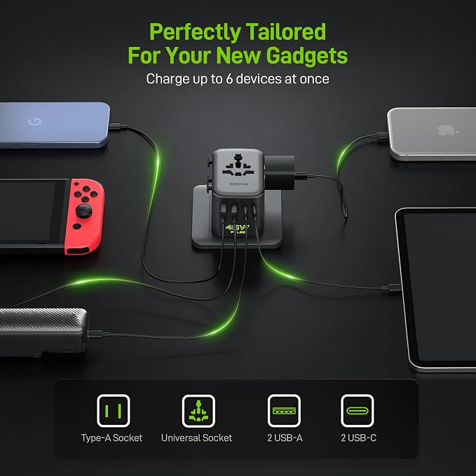 Epicka Pulse Duo 45W Universal Travel Adapter, International Power Adapter with PD & QC 3.0 Fast Charging for 2 Devices Simultaneously, European Travel Plug Adapter, Travel Essentials (Black)