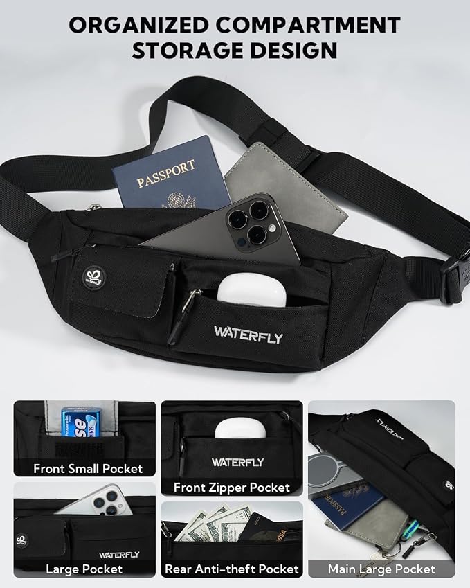 WATERFLY Small Crossbody Fanny Pack: 5 Pocket Slim Lightweight Waist Belt Hip Bag for Women Men Water Resistant Chest Pouch for Travel Hiking Running Walking Fit All Phones - Black