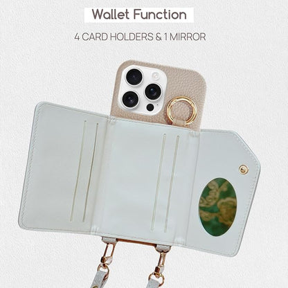 Leather Card Holder Case for iPhone 16 Pro Max with Ring Holder and Crossbody Strap, Beige