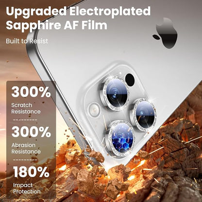 Uyiton for Bling iPhone 16 Pro Max / 16 Pro / 14 Pro Max / 14 Pro Camera Lens Protector - Not Easy to Break Strong Adsorption Individual Metal Tempered Glass Rear Camera Screen Cover - Glitter Silver