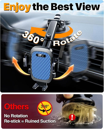 HTU 2026 Ultimate Best【True Military-Grade & Safety Cert】Car Phone Holder【Upgraded 360 Rotation & 100+LBS Strongest Suction】5-in-1 Truck Windshield Dashboard Vent Mount Stand for iPhone Android, Blue