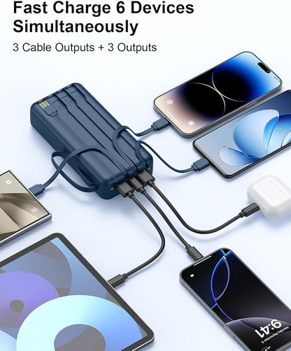 Portable Charger 27000mAh 30W Fast Charging Power Bank | Built-in Cables, LED Display, 6 Outputs & 2 Inputs, USB C Battery Pack, Compatible with iPhone, Samsung, Google