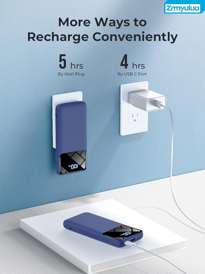 Portable Charger 10000mAh Power Bank with Built-in Cables and Wall Plug, Slim Fast Charging USB-C Battery Pack, Travel Essential Portable Phone Charger Compatible with iPhone, Samsung(Navy)