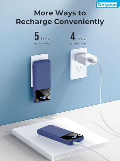 Portable Charger 10000mAh Power Bank with Built-in Cables and Wall Plug, Slim Fast Charging USB-C Battery Pack, Travel Essential Portable Phone Charger Compatible with iPhone, Samsung(Navy)