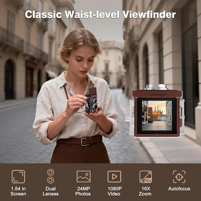 Mini Retro TLR Digital Camera, Portable 24MP 1080P FHD Vintage Point and Shoot Pocket Travel Camera with Twin Lens, Autofocus, 16X Digital Zoom, 16GB Card, for Beginners, Teens & Adults - Brown