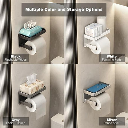 VOLDRA Toilet Paper Holder with Phone Shelf, Self-Adhesive or Screw Toilet Tissue Roll Holder Wall Mount, Rustproof & Multifunctional Bathroom Toilet Paper Holder Storage Dispenser(White)