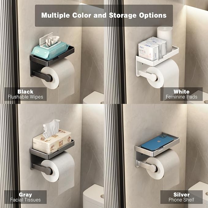 VOLDRA Toilet Paper Holder with Phone Shelf, Self-Adhesive or Screw Toilet Tissue Roll Holder Wall Mount, Rustproof & Multifunctional Bathroom Toilet Paper Holder Storage Dispenser(Gray)