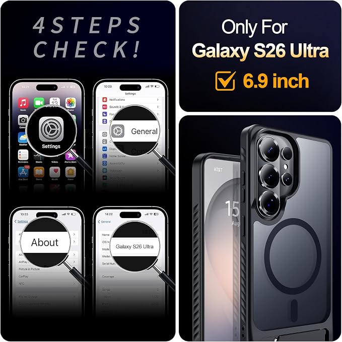 For Samsung Galaxy S26 Ultra Case with Kickstand,1*Screen Protector,[Compatible with Magsafe]Translucent Matte Military-Grade Protection,Magnetic Phone Case for Samsung Galaxy S26 Ultra,6.9"-Black