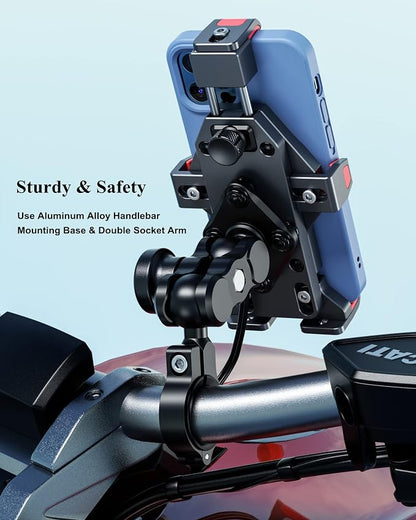 BRCOVAN Aluminum Alloy Motorcycle Phone Mount with Qi 15W Wireless Charger & Vibration Dampener, Anti-Theft Waterproof Motorcycle Handlebar Cellphone Holder, Adjustable Fit 4.7''-7.2'' Smartphones
