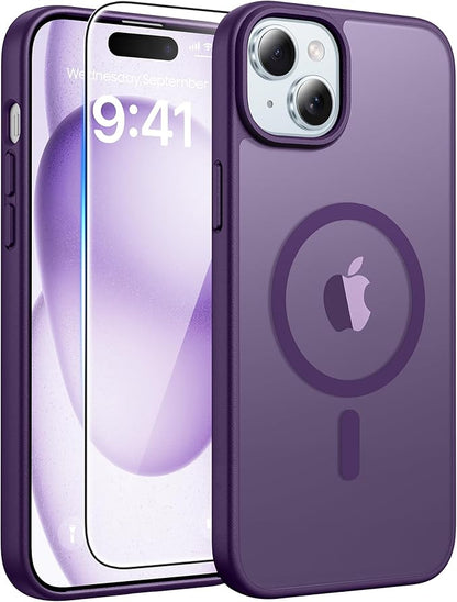 FNTCASE for iPhone 15 Case: for iPhone 14 Case & iPhone 13 Case [Compatible with Magsafe] Translucent Matte Cases with [Screen Protector] Military Grade Shockproof Protective Phone Cover - Purple