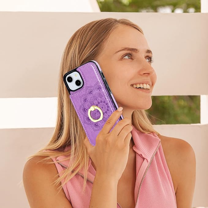 HAOPINSH for iPhone 13/ iPhone 14 Wallet Case with Card Holder, 360°Rotation Ring Kickstand, Purple Mandala Pattern, RFID Blocking Leather for Girls Women, Double Buttons Flip Cover 6.1"