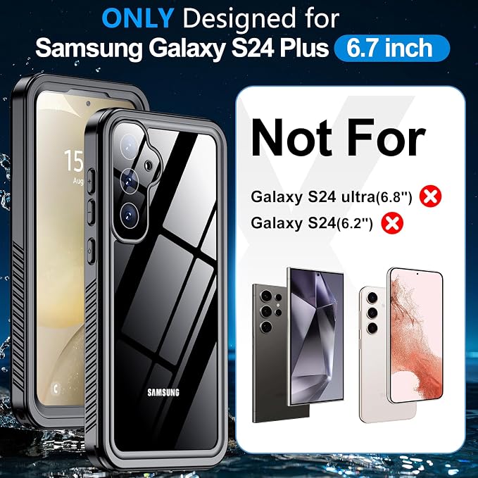 MOZOTER for Samsung Galaxy S24 Plus Case Waterproof,[IPX8 Underwater Case][Full Body Shockproof & Military Dropproof] Clear Sound Quality Built-in Screen Protector for Samsung S24 Plus 6.7 inch-Black